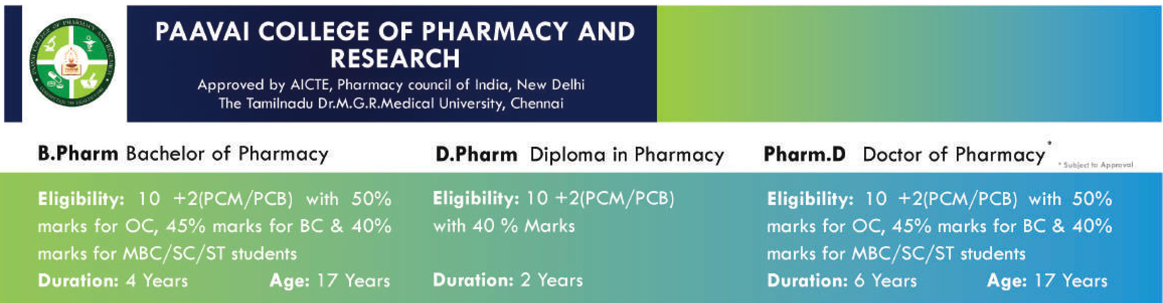 Courses Offered Paavai College of Pharmacy and Research Courses Offered Paavai College of Pharmacy and Research
