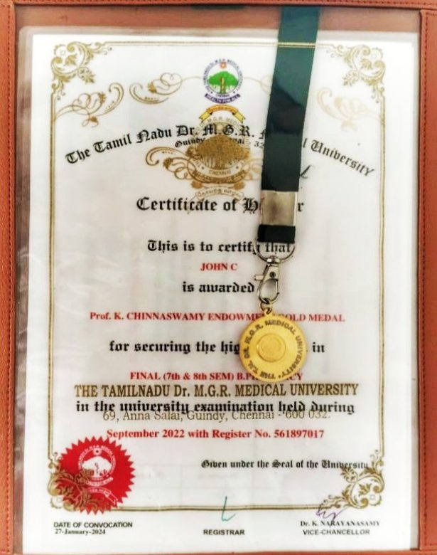 Our Student Mr. C. John, has been Awarded the Gold Medal